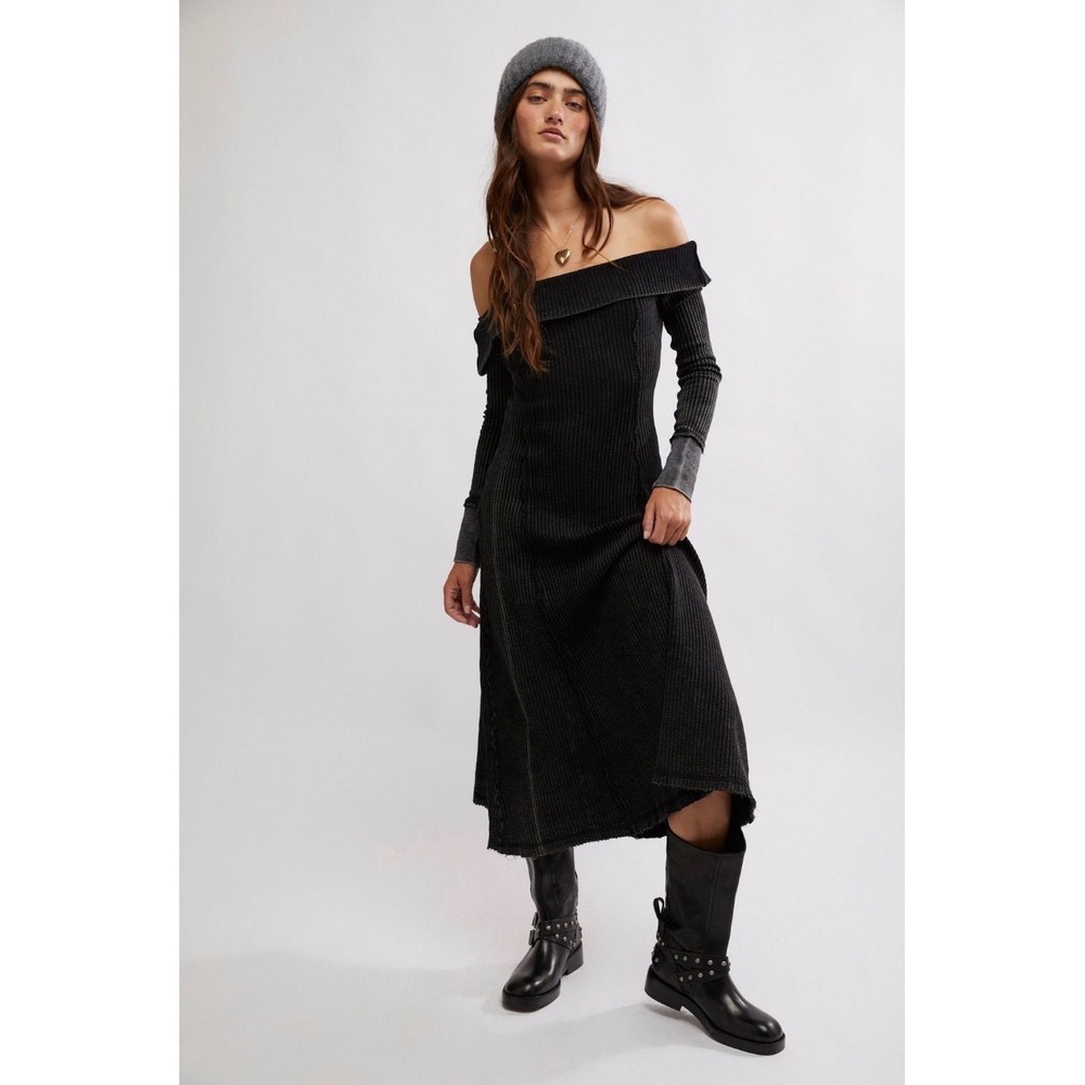 Free People Black Off Shoulder Midi Monty Dress Long Sleeve Size Medium